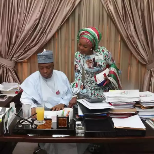 Cute Pictures Of Toyin And Her Hubby, Bukola Saraki In His Office